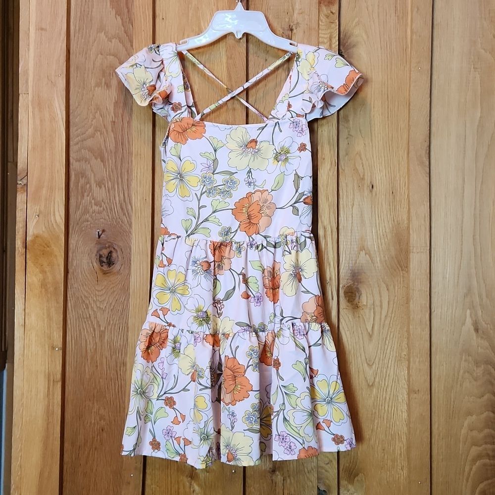 BAND OF GYPSIES Fit & Flare Cap Sleeve Ruffle Mini Dress, XS, Pink Floral